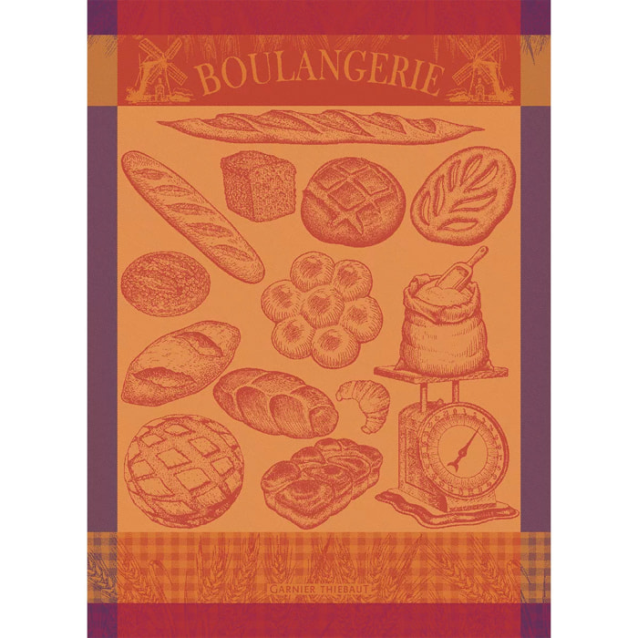 Torchon pur coton motif jacquard orange violet Boulangerie moulin ambre