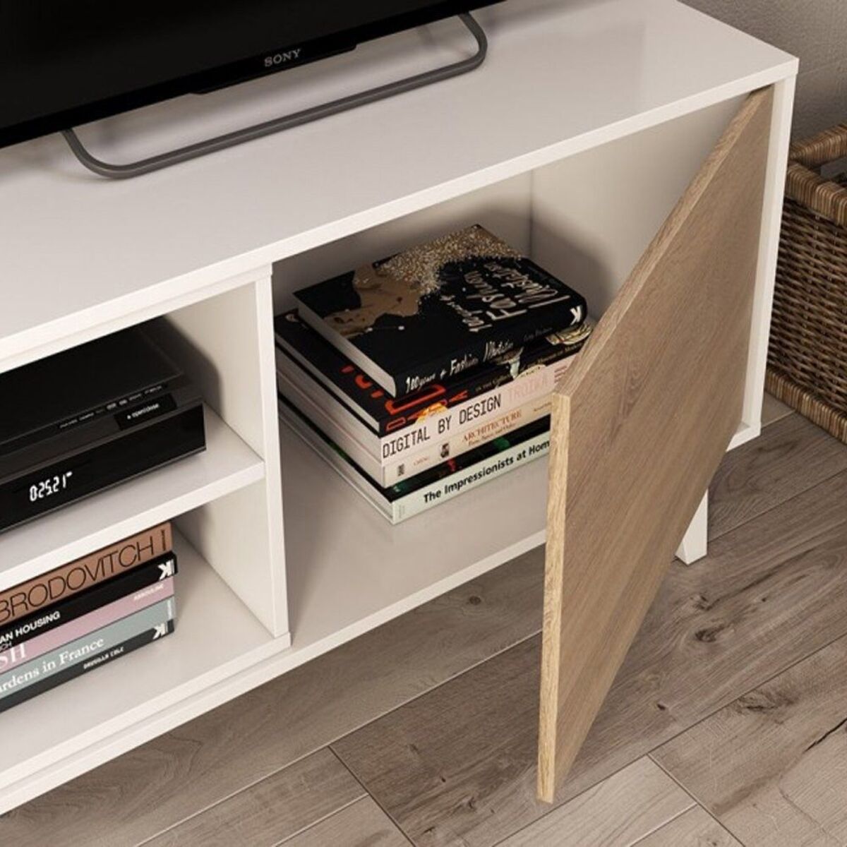 Parete Attrezzata Da Soggiorno Salotto Mobile TV Ante Soft Close Pensile Con Mensola Dsign Moderno Elegante 180x41x43 Cm Bianco Lucido Rovere