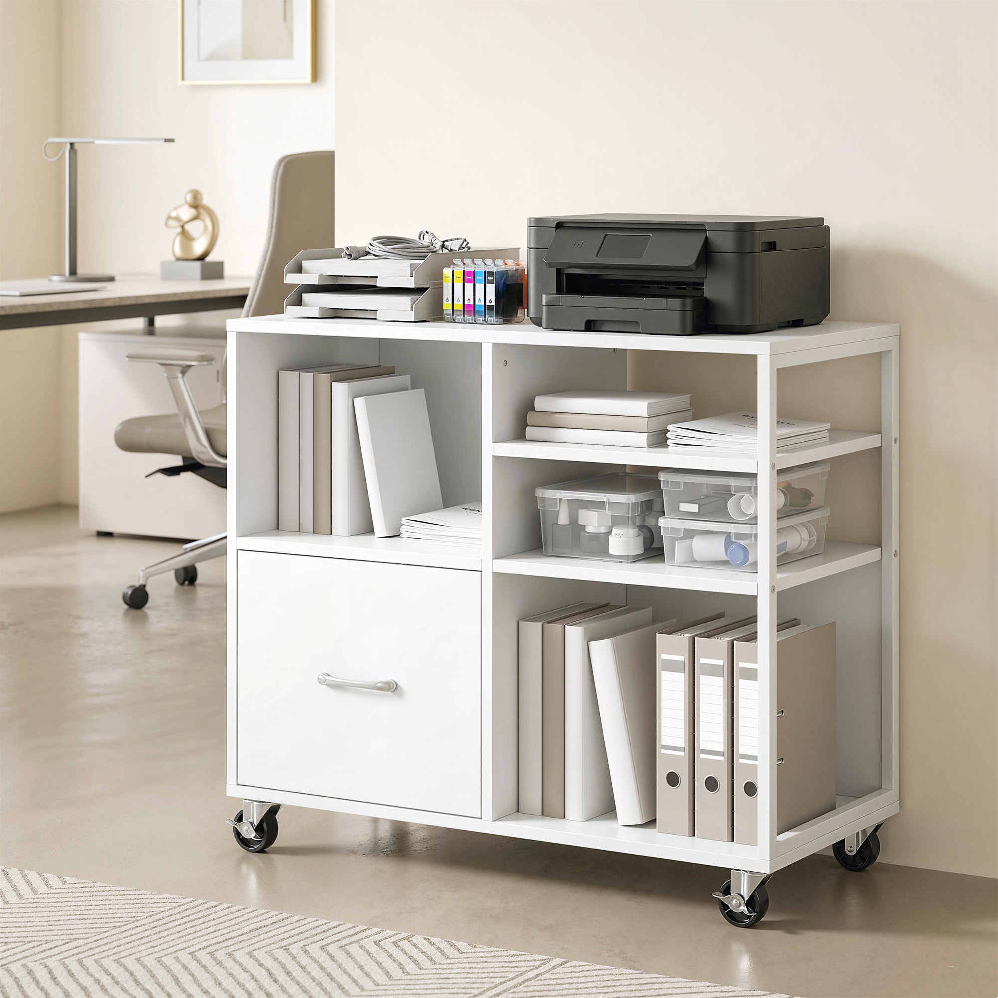Mueble para Impresora con Ruedas, Mesa para Impresora con Estantes Abiertos y Cajón para Documentos Tamaño A4 y Carta, Archivador Móvil para Oficina en Casa, Blanco