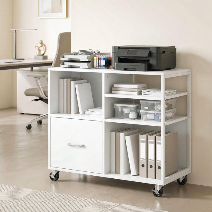 Mueble para Impresora con Ruedas, Mesa para Impresora con Estantes Abiertos y Cajón para Documentos Tamaño A4 y Carta, Archivador Móvil para Oficina en Casa, Blanco