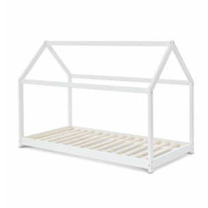 Lit cabane Montessori. bois massif en pin naturel blanc - Tobias - sommier inclus. 90 x 190 cm