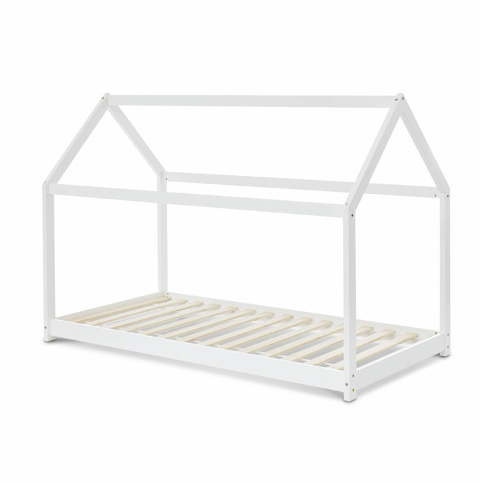 Lit cabane Montessori. bois massif en pin naturel blanc - Tobias - sommier inclus. 90 x 190 cm