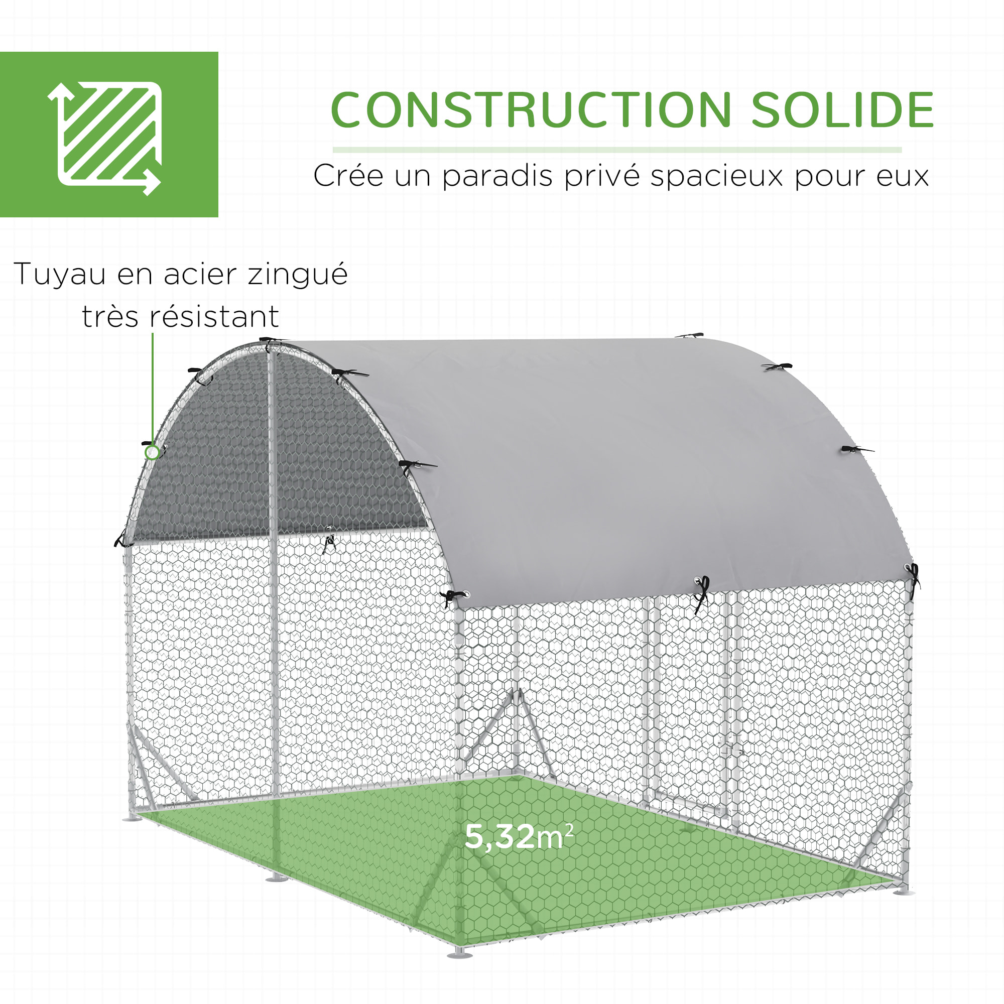 Enclos poulailler chenil couvert 5,32 m² - parc grillagé dim. 2,8L x 1,9l x 1,97H m - acier galvanisé