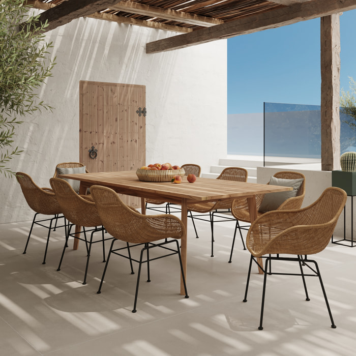 Table et chaises de jardin 8 personnes en bois de teck, résine tressée - Carmela