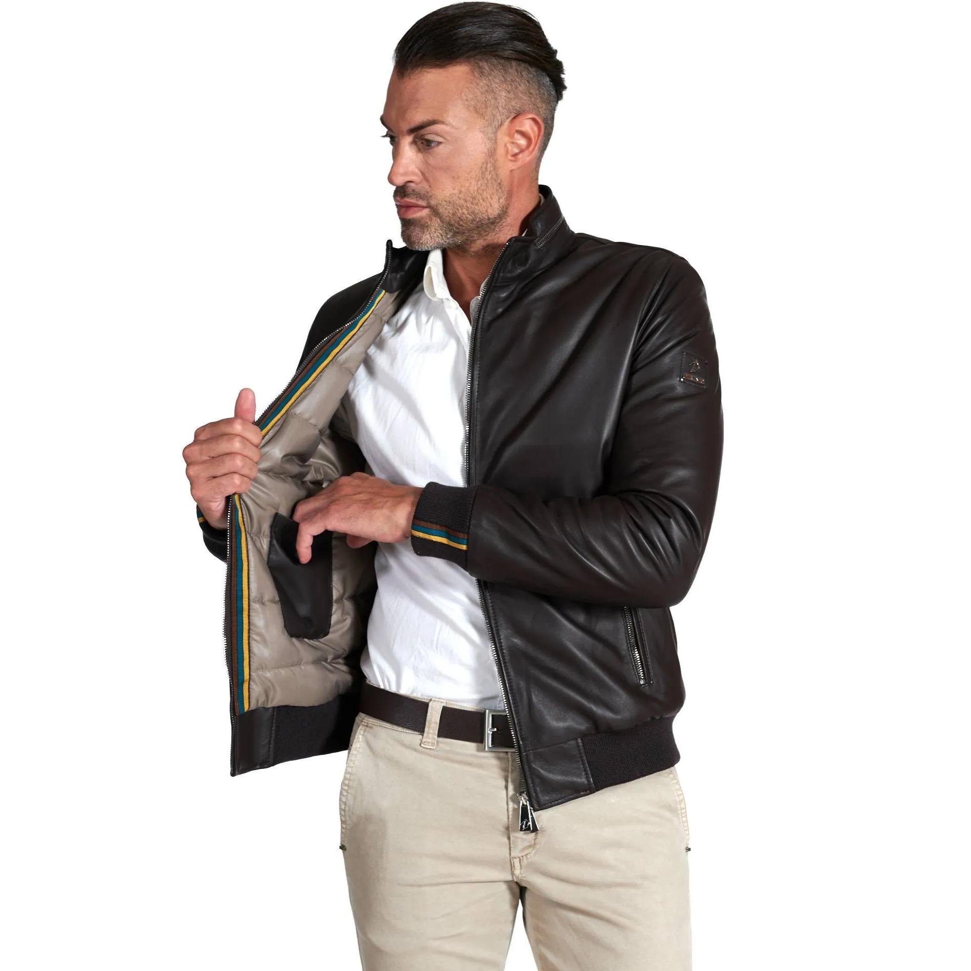 Bomber imbottito in pelle nappa marrone collo coreana con cerniera