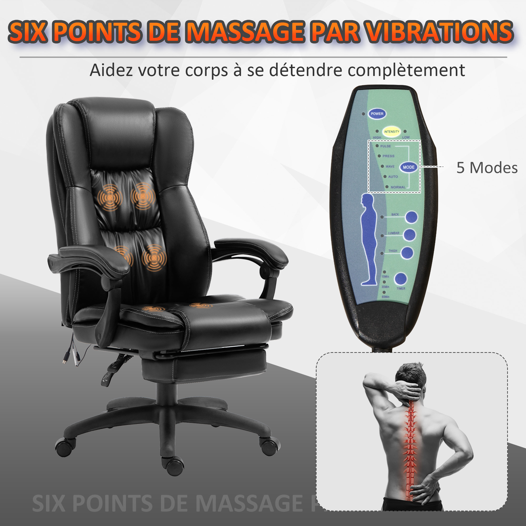 Fauteuil bureau massant inclinable réglable repose-pieds rétractable grand confort synthétique noir
