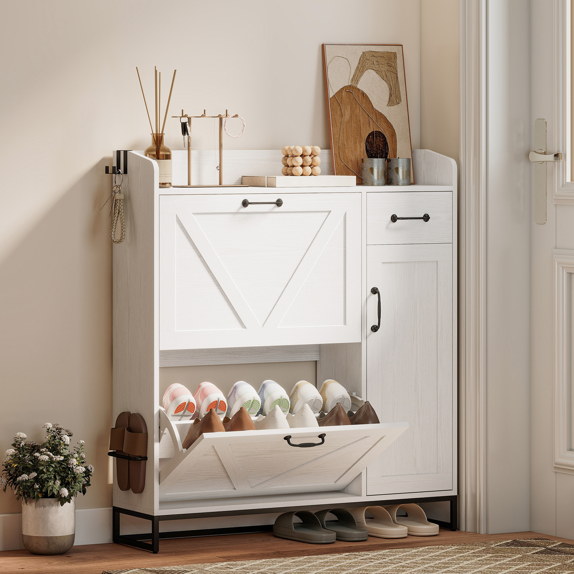 Zapatero Estrecho con 2 Cajones Abatibles, Zapatero Entrada Recibidor Rústico con Cajón y Estantes Ajustables, para 12 Pares de Zapatos, para Pasillo, Espacio Reducido, 106,7x26x116 cm, Blanco