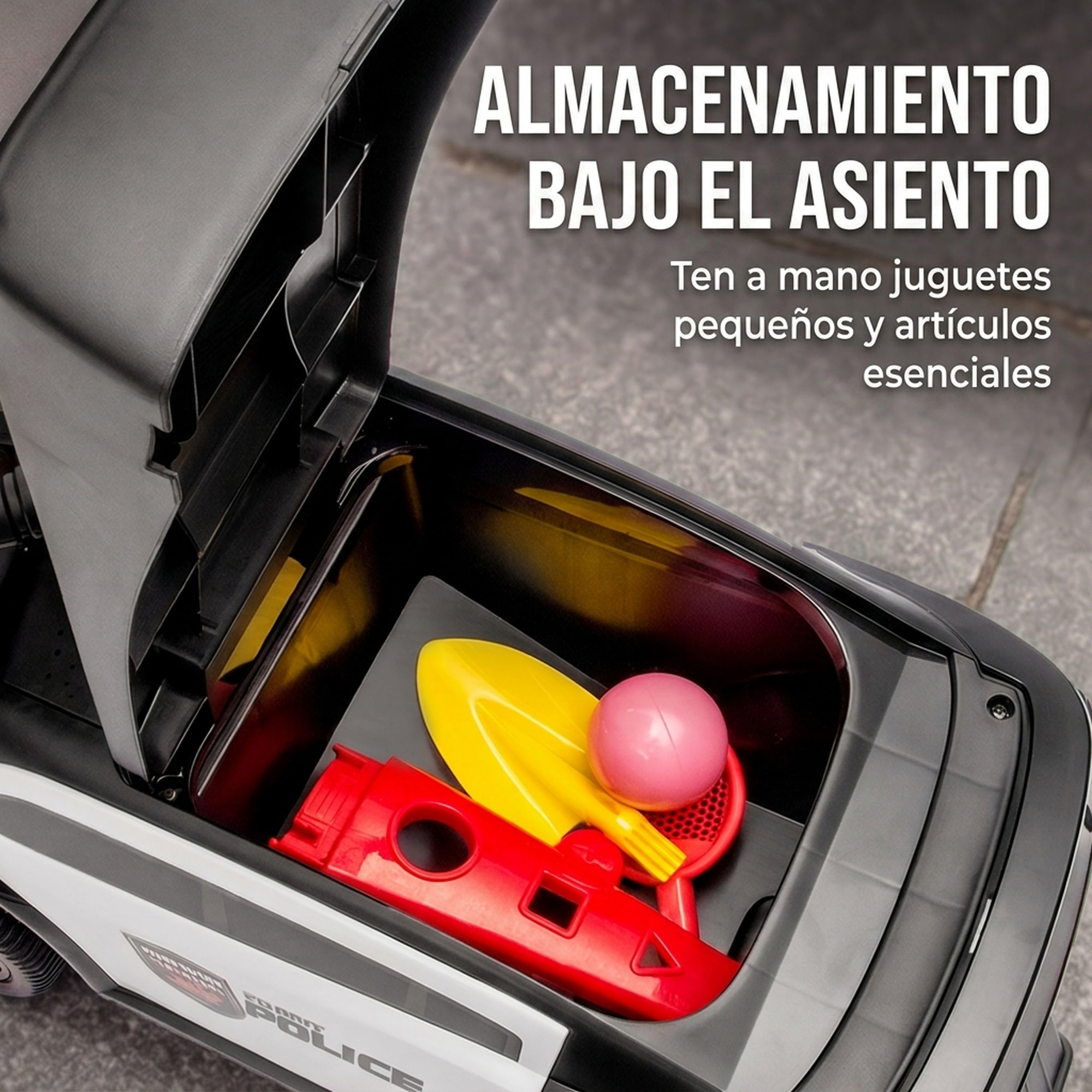 AIYAPLAY Coche Correpasillos de Policía para Niños de 18-36 Meses, Correpasillos con Luz, Música y Espacio de Almacenaje, 65x29,5x36 cm, Negro