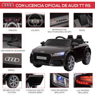 Audi TT Eléctrico Infantil Coche Juguete Niño 3 Años+ con Mando a Distancia con Música y Luces Modos de Aprendizaje Batería 12V Doble Apertura de Puerta 102x60x44 cm Negro