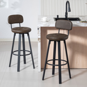 Juego de 2 Taburetes de Bar, Taburetes Altos de Cocina Giratorios, Tapizados de PU, con Respaldo, Marco de Metal, Reposapiés, Asiento de 76,5 cm de Altura, Marrón Oscuro