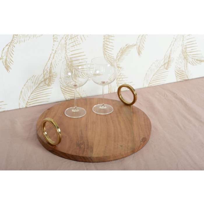 PLATEAU ROND EN BOIS AVEC ANSE ARGENT 38X38X11CM