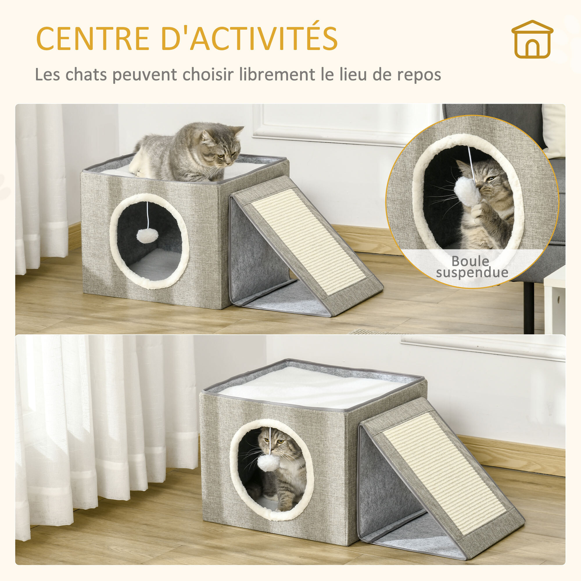 Maison niche pour chat pliable - 2 coussins moelleux, boule suspendue, grattoir - dim. 73 x 42 x 34 cm - MDF sisal polyester gris