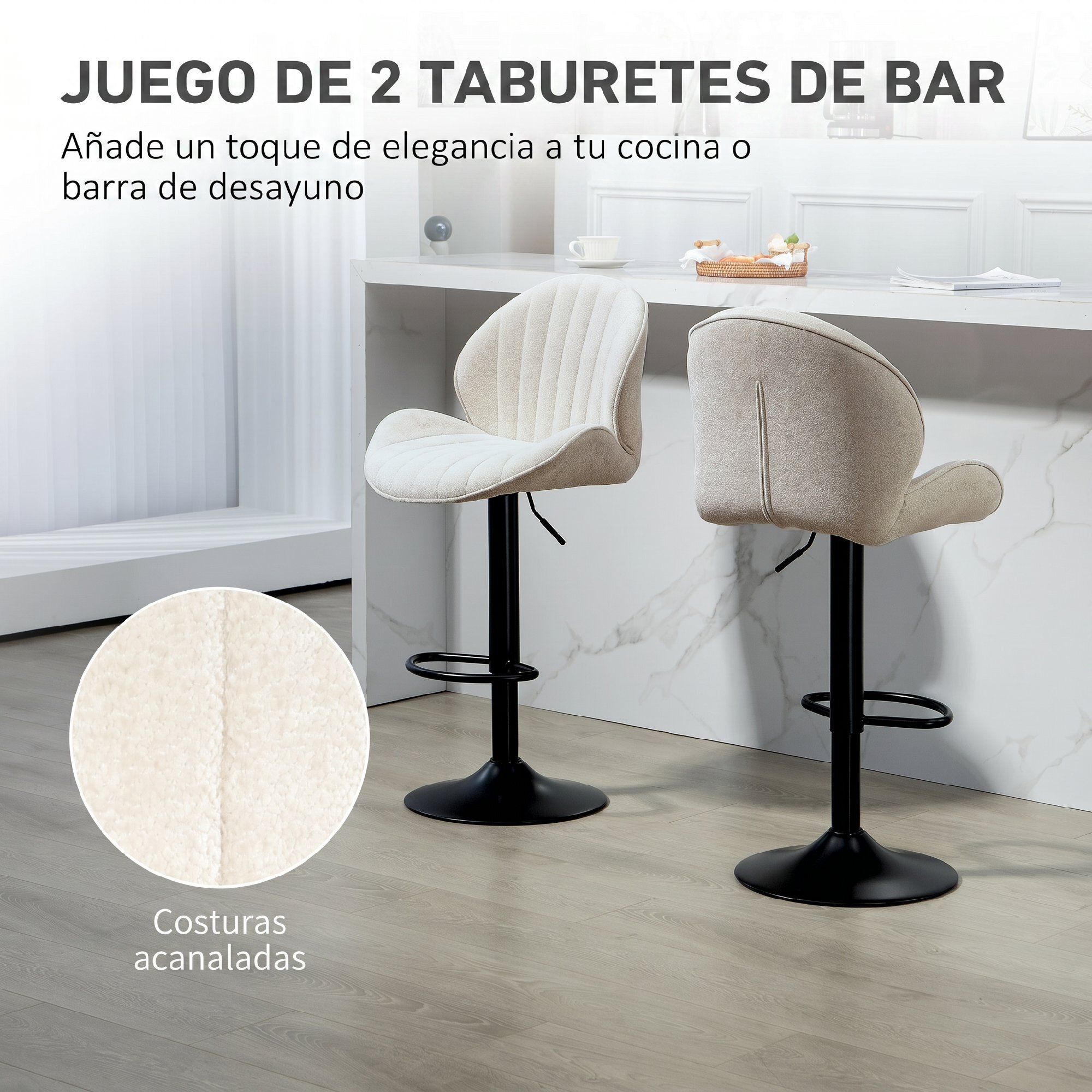 Juego de 2 Taburetes de Bar Giratorios, Taburetes Altos de Cocina con Altura Ajustable 62-83 cm, Sillas Altas de Cocina, Tapizada en Chenilla, Respaldo y Reposapiés, Marco de Acero, Beige