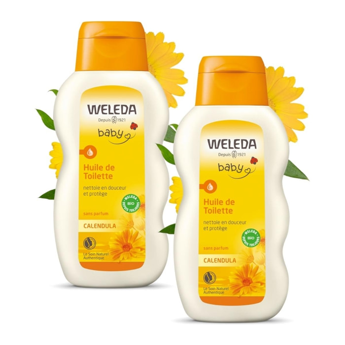 WELEDA - Duo Huile de Toilette au Calendula - Nettoie en douceur et protège -   Vegan* - Certifié Natrue** - Flacon 200 ml x 2