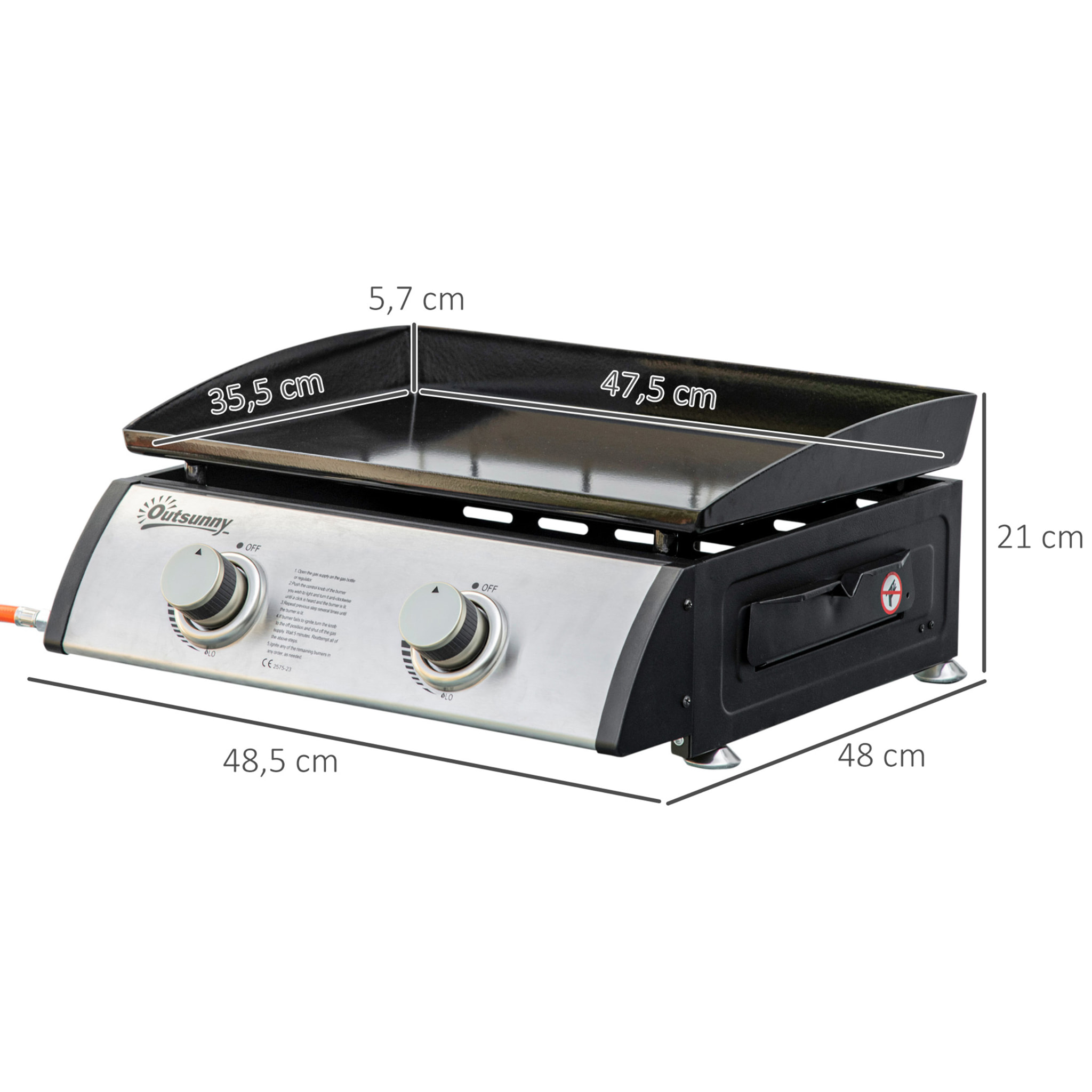 Plancha de Gas Sobremesa con 2 Quemadores de Acero Inoxidable 6kW Barbacoa Portátil con Plancha para Picnic Camping 48,5x48x21cm Negro Plata