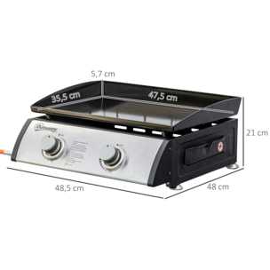 Plancha de Gas Sobremesa con 2 Quemadores de Acero Inoxidable 6kW Barbacoa Portátil con Plancha para Picnic Camping 48,5x48x21cm Negro Plata