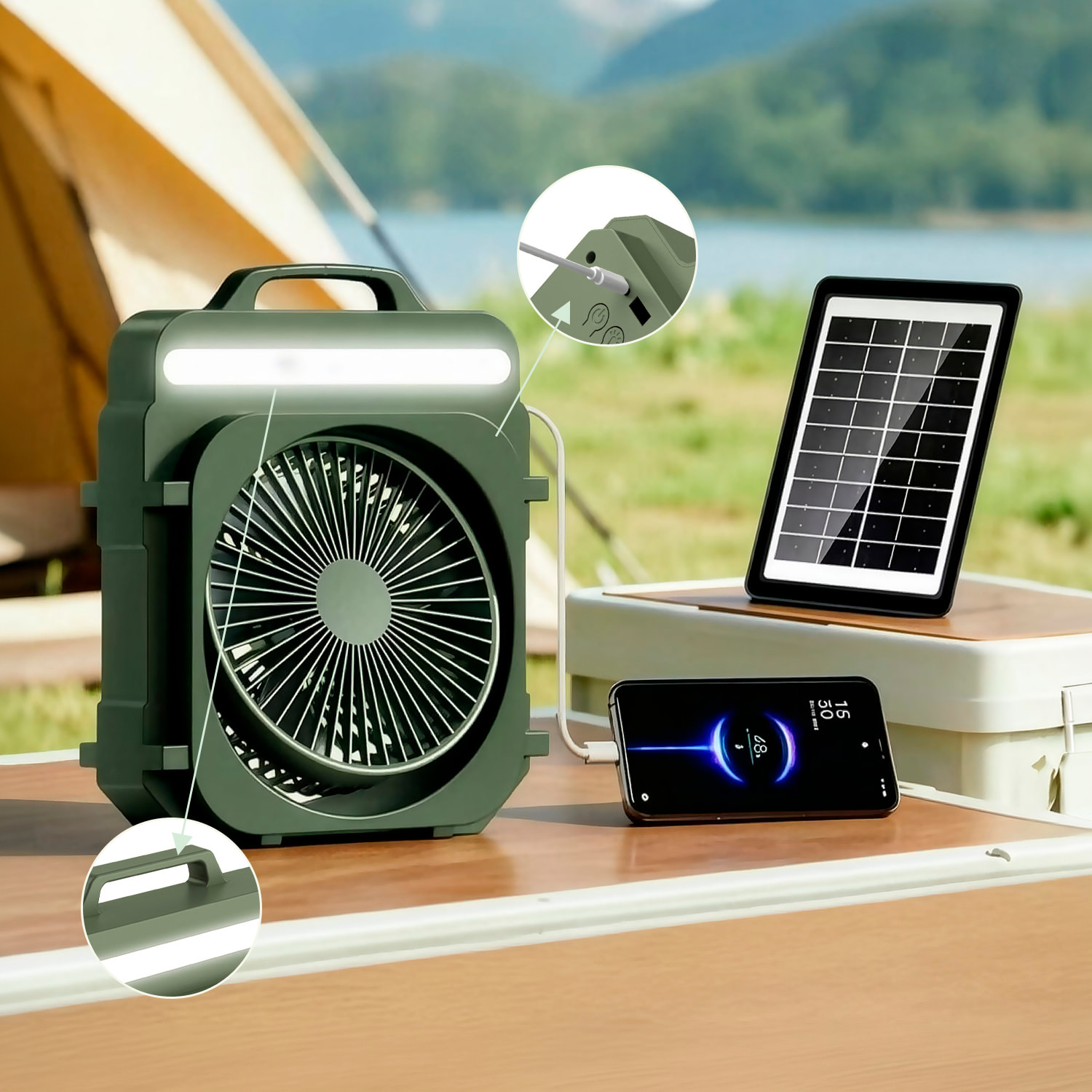 Ventilador para exteriores F33. 5 velocidades y 3 niveles de luz LED. Con batería de larga duración, función powerbank y panel solar incluido.