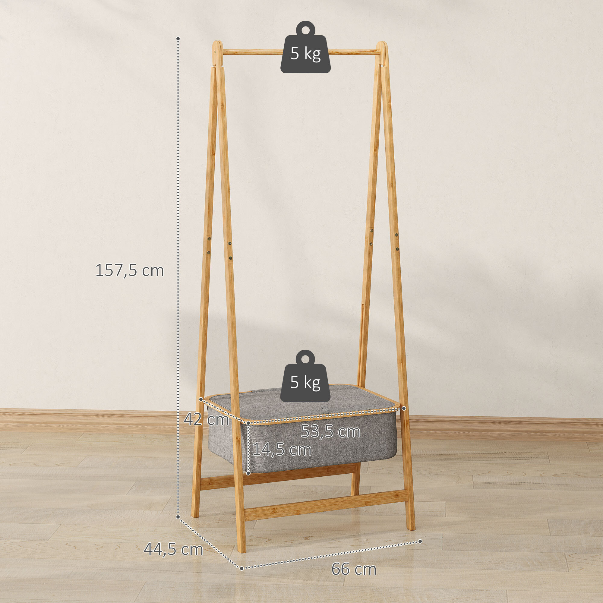 Burro Ropa de Bambú con Cesta de Tela con Tapa, Perchero Burro Ropa Plegable, Perchero para Recibidor, Entrada, Dormitorio, 60x44,5x157,5 cm, Natural y Gris