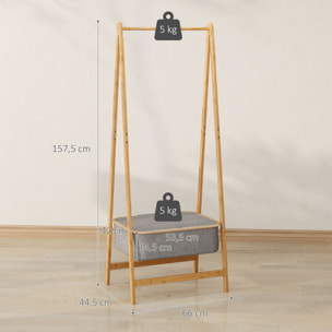 Burro Ropa de Bambú con Cesta de Tela con Tapa, Perchero Burro Ropa Plegable, Perchero para Recibidor, Entrada, Dormitorio, 60x44,5x157,5 cm, Natural y Gris