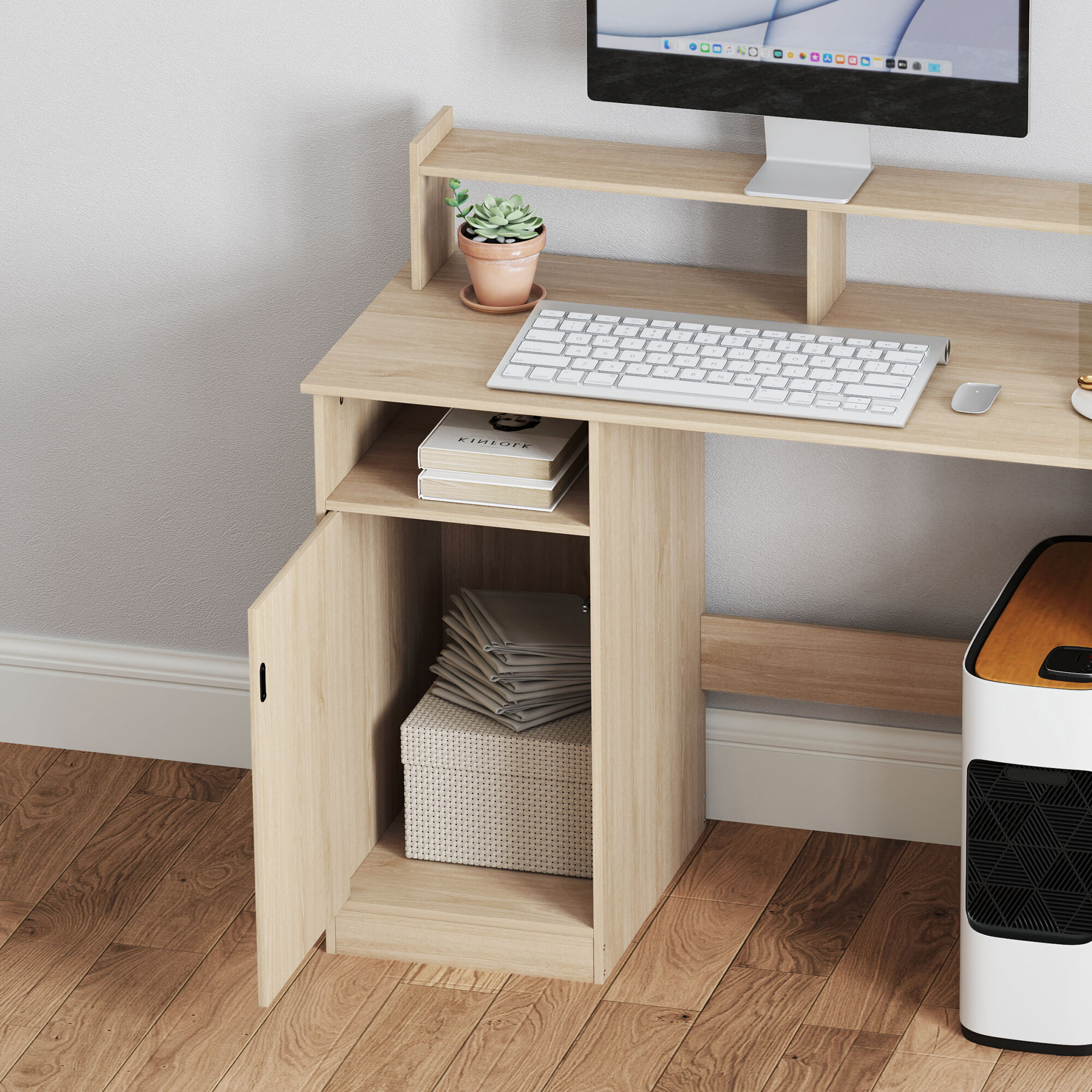 Escritorio con Estantería Moderno Escritorio con Puerta Compartimentos Abiertos y Soporte para Monitor Mesa para Estudio Dormitorio Hogar Oficina 108x50x94 cm Natural