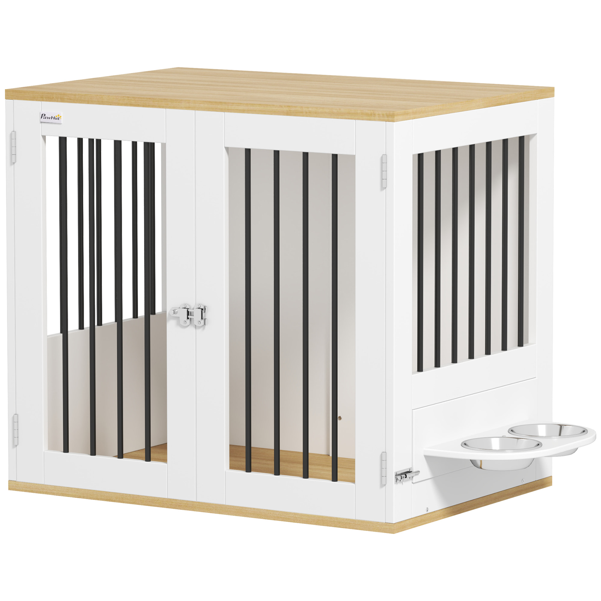 Jaula para Perros Medianos 2 en 1 Mesa Auxiliar con 2 Puertas con Pestillo Comedero Giratorio de 360° 2 Cuencos y Almohadillas Antideslizantes 80x55x71,5 cm Blanco
