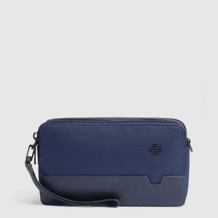 Piquadro Pochette in pelle a due scomparti in tessuto riciclato e pelle con polsiera rimovibile