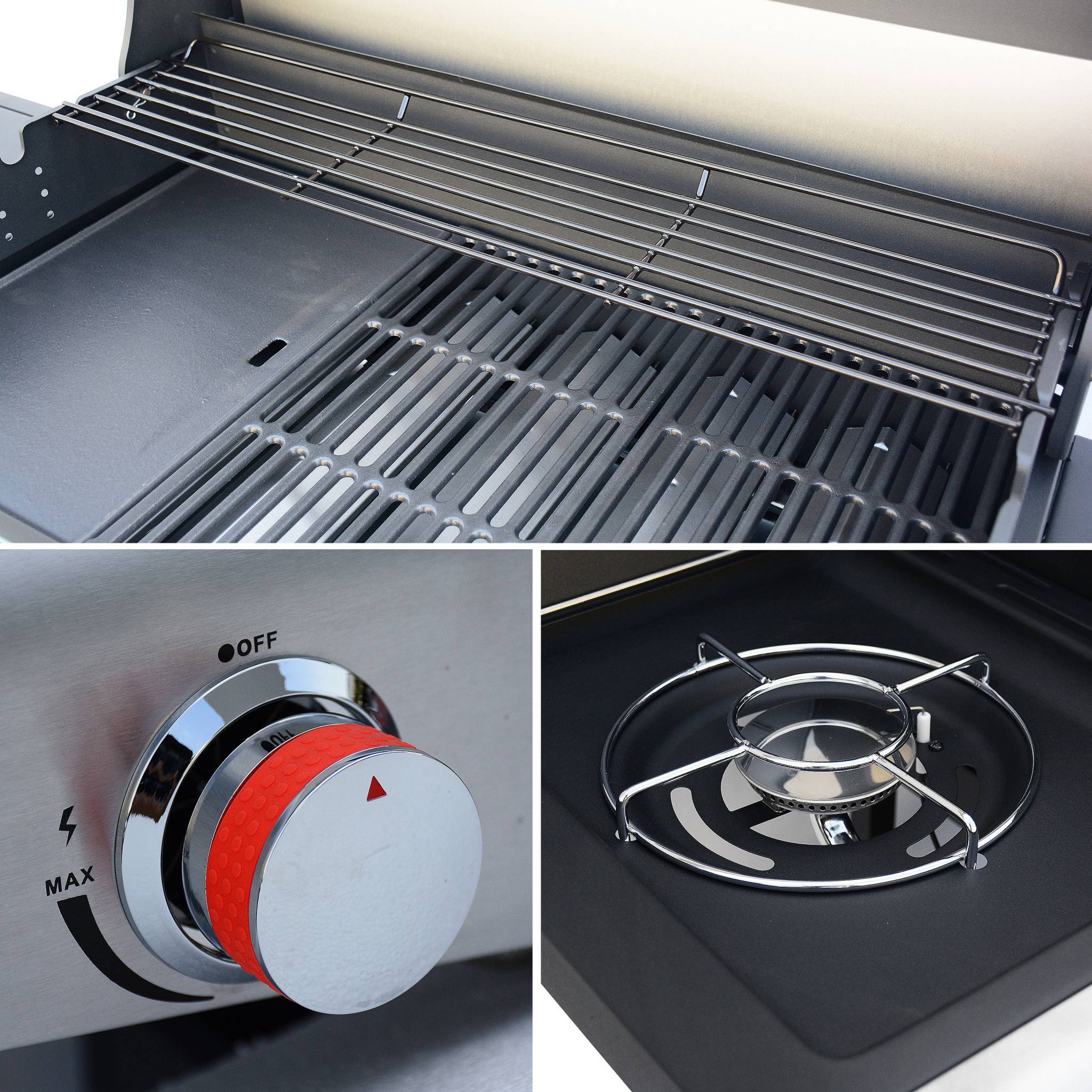 Barbecue au gaz - Bazin 6 Gris anthracite -  Cuisine extérieure 6 brûleurs dont 1 feu latéral avec tablettes et thermomètre. rangement. roues