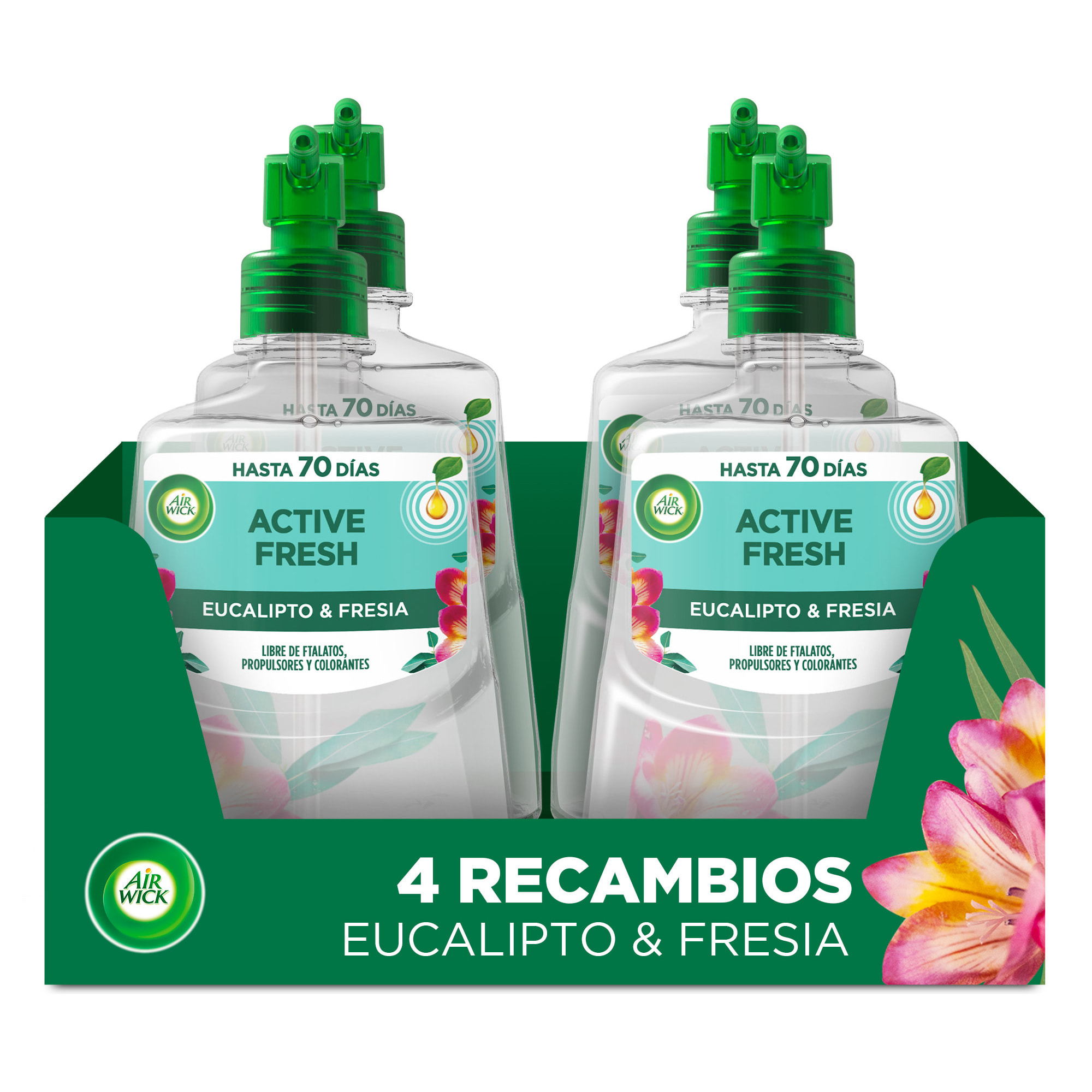 Air Wick Active Fresh Spray Automatico Sin Aerosol - Ambientador para casa con aroma a Eucalipto y Fresia - 4 Recambios (4x 228ml)