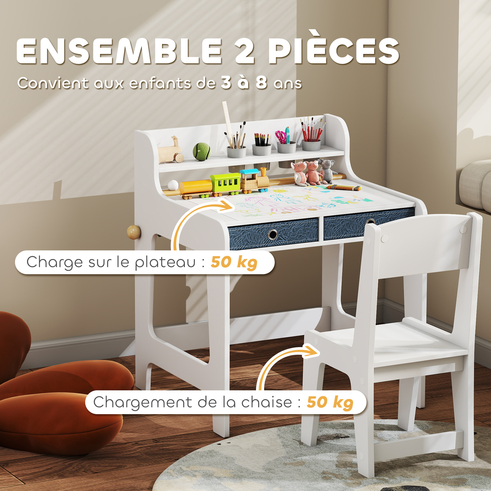 Bureau enfant avec chaise - 2 tiroirs tissu, étagère, 4 porte-gobelets, dérouleur papier - blanc