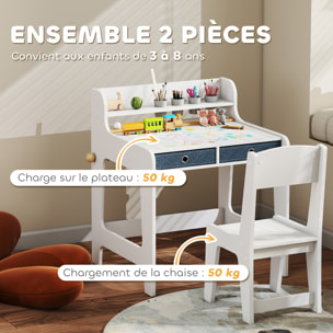 Bureau enfant avec chaise - 2 tiroirs tissu, étagère, 4 porte-gobelets, dérouleur papier - blanc