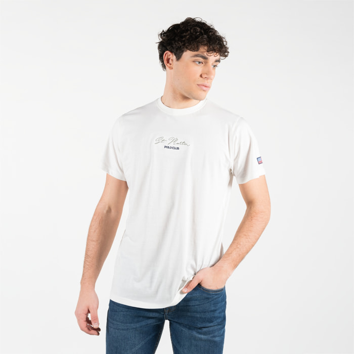 T-shirt con con ricamo centrale e dettaglio della bandiera americana intarsiata sulla manica sinistra