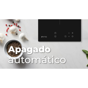 EVVO Placa Vitrocerámica 2 zonas de cocinado V30, Potencia máxima 3.000W, 9 niveles, máx diámetro 18 cm, control táctil, indicador de calor