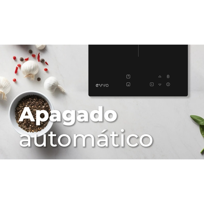 EVVO Placa Vitrocerámica 2 zonas de cocinado V30, Potencia máxima 3.000W, 9 niveles, máx diámetro 18 cm, control táctil, indicador de calor