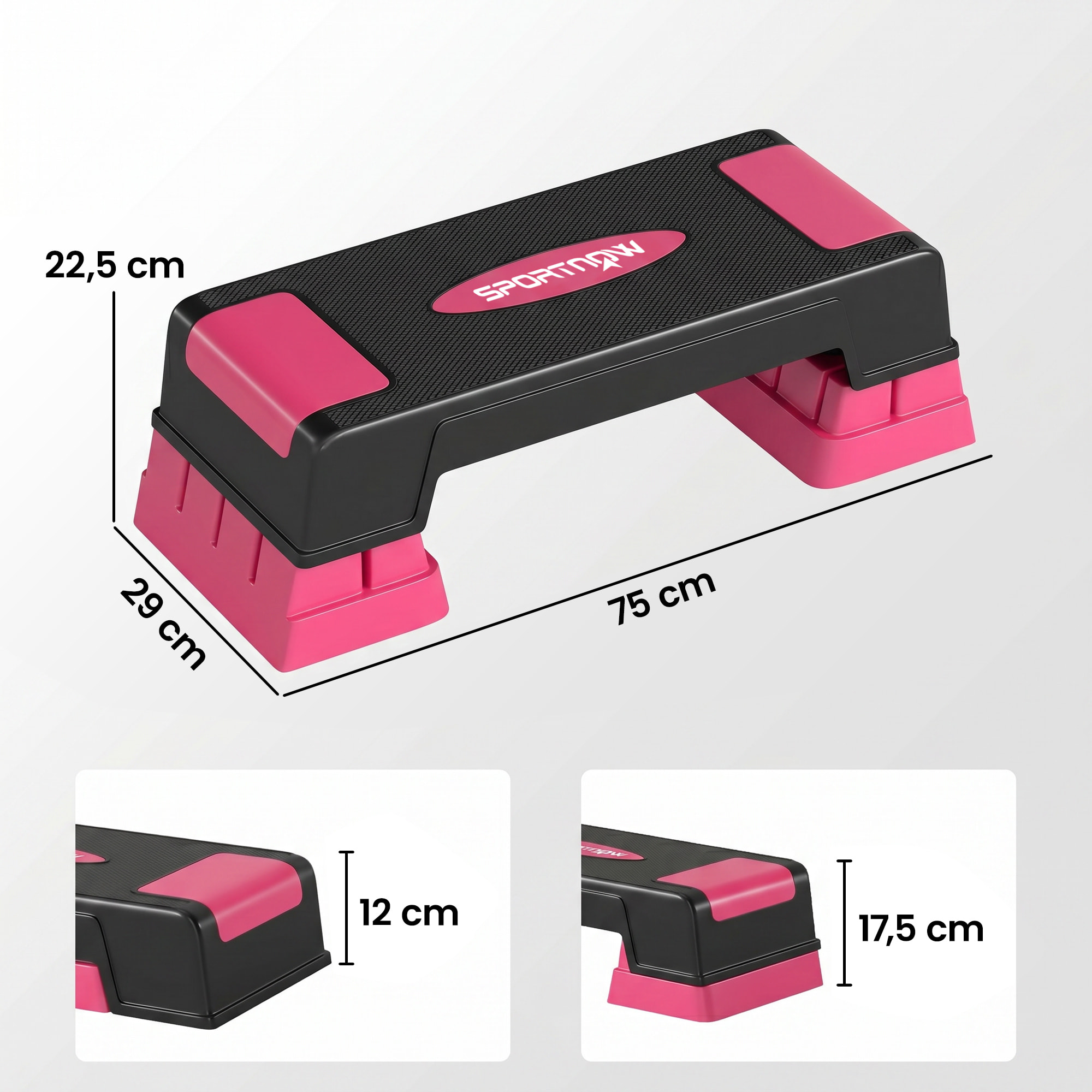 Step de Aeróbic Step para Fitness Stepper Antideslizante con Altura Ajustable de 12/17,5/22,5 cm Base Robusta Carga 250 kg para Entrenamiento en Casa Gimnasio Hombres y Mujeres Rosa