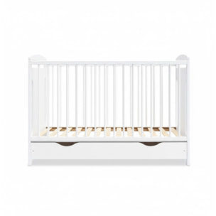 Lit Bébé Évolutif Margot 60x120 cm en Bois, Blanc, Avec Tiroir intégré, Sommier Réglable 3 Hauteurs, Barreaux Amovibles