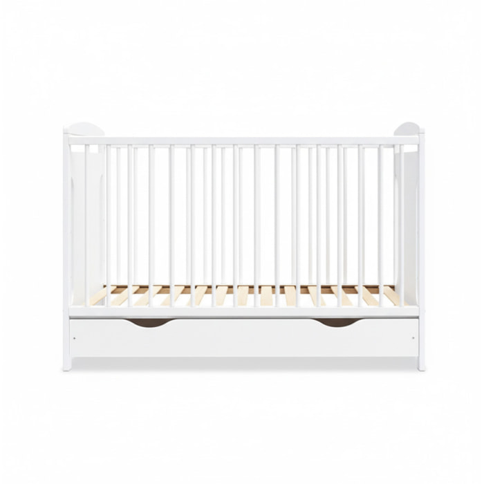 Lit Bébé Évolutif Margot 60x120 cm en Bois, Blanc, Avec Tiroir intégré, Sommier Réglable 3 Hauteurs, Barreaux Amovibles