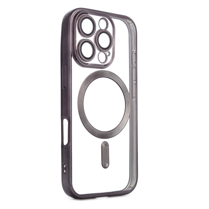 Custodia trasparente con fotocamera coperta, bordi neri, anti-shock e anti-impronte. Magsafe per iPhone 16 Pro.