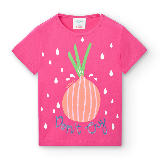 Camiseta bÃ¡sica niÃ±a, algodÃ³n, estampado, rosa, mangas