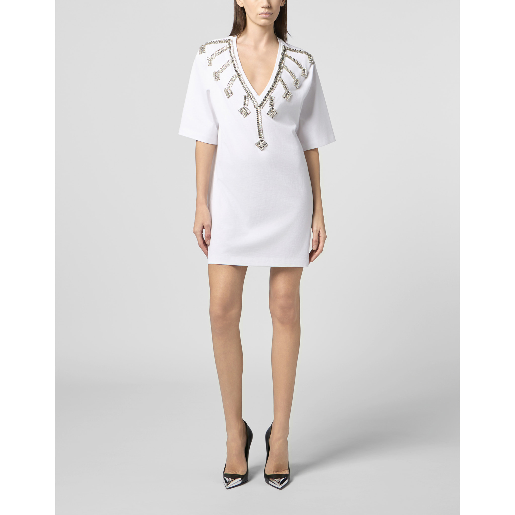PHILIPP PLEIN V-Neck T-Shirt Dress Crystal Fringes