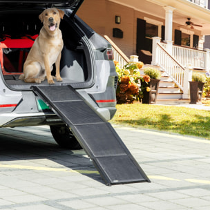 Rampa Plegable para Perros de Aluminio Rampa para Mascotas para Coche con Superficie Antideslizante Asa y Gancho Carga 60 kg 158x43,5x2,5 cm Negro