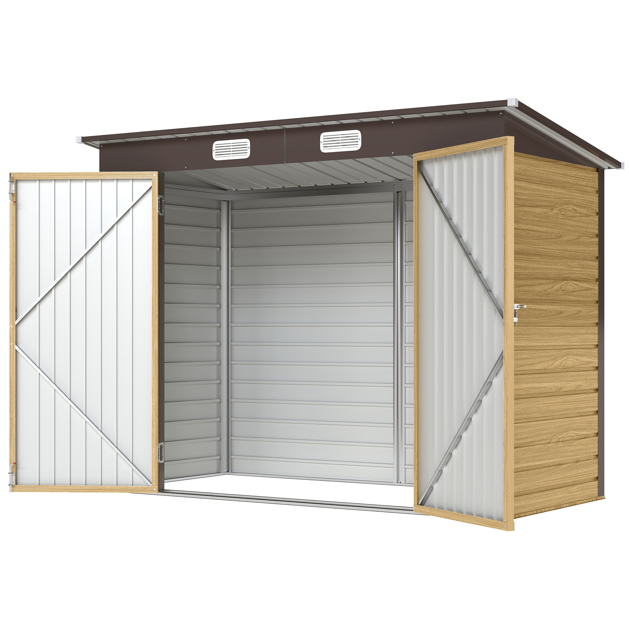 Abri de jardin 3 m² tôle d'acier 2 portes verrouillables 2 évents toit incliné effet bois clair marron
