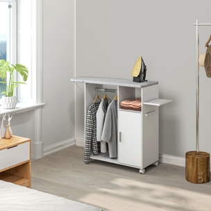 Armoire à repasser pliante sur roulettes avec étagère réglable et barre de suspension – 127 x 42,5 x 99 cm – Blanc