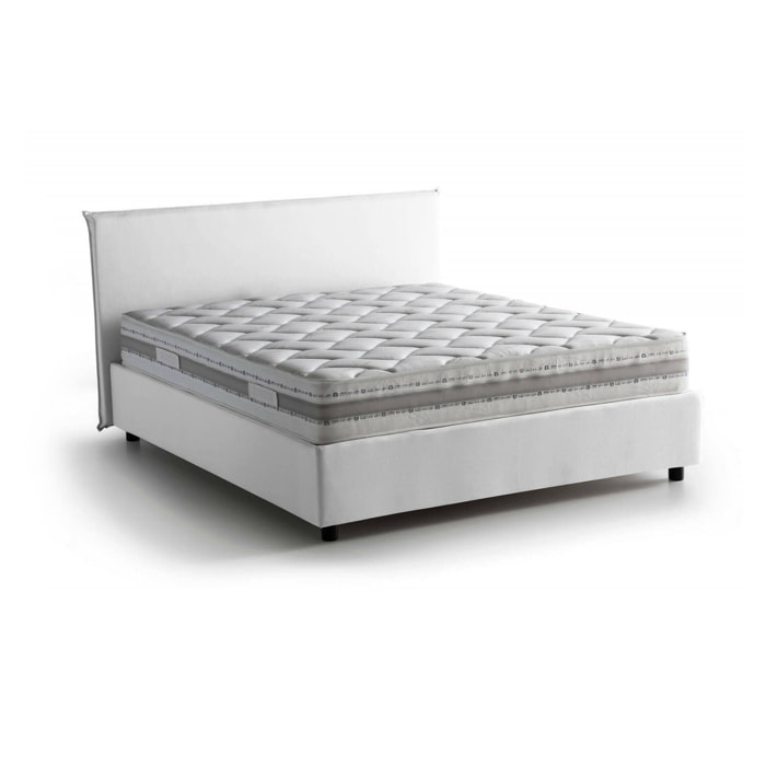 Letto alla francese Aros, Letto contenitore in tessuto, Apertura frontale, con materasso Cm 140x200 incluso, 100% Made in Italy, Bianco