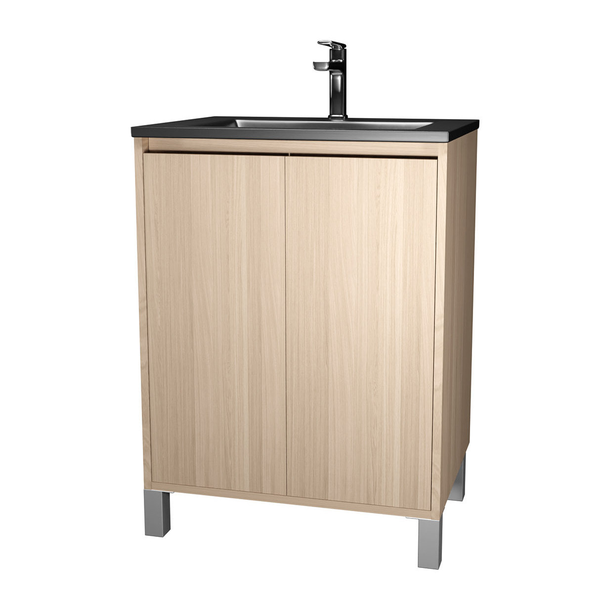 Meuble de salle de bains 60 cm 2 Portes Chêne Clair + Vasque Céramique Noire - XENOS