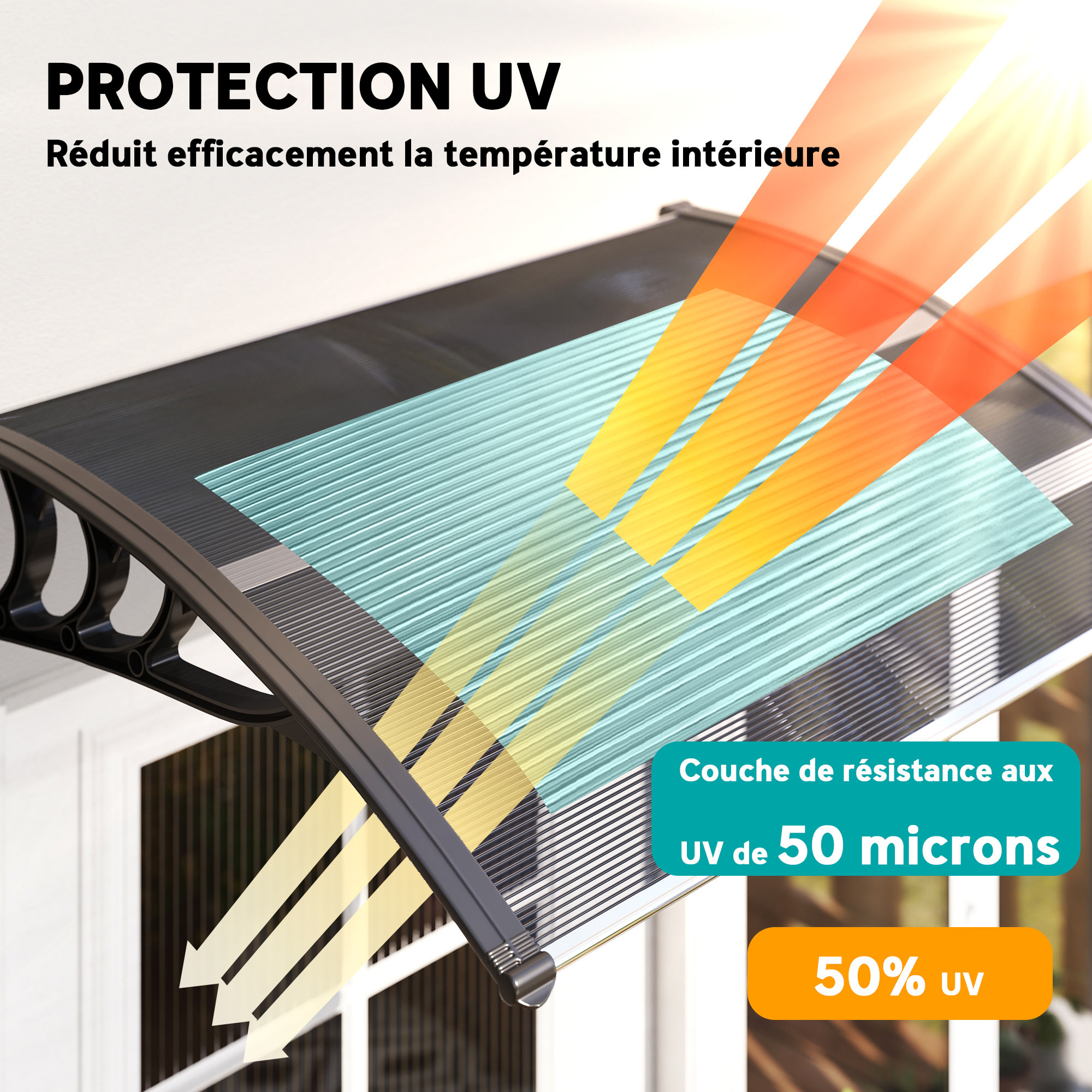 Auvent marquise de porte design voûté arrondi dim. 100L x 75l x 23H cm alu polycarbonate fumé plastique noir