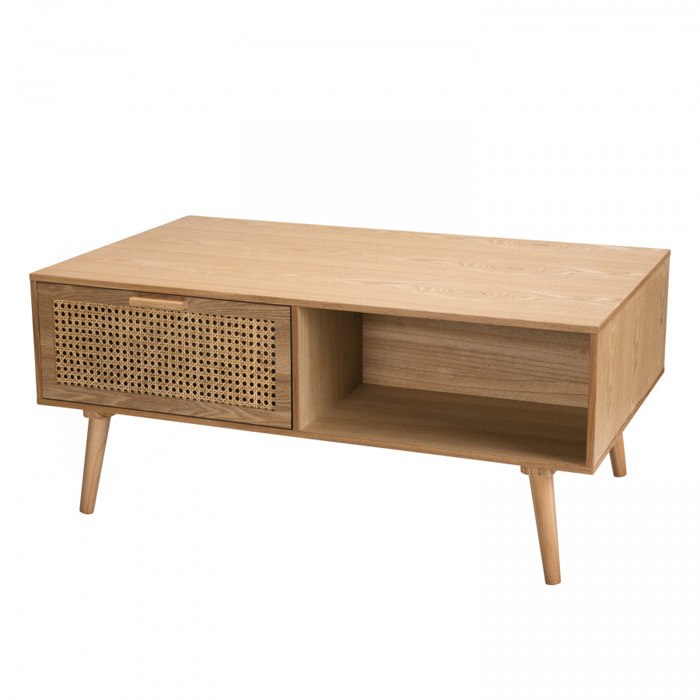 ROMEO - Table basse couleur naturelle 2 tiroirs 1 niche bois cannage