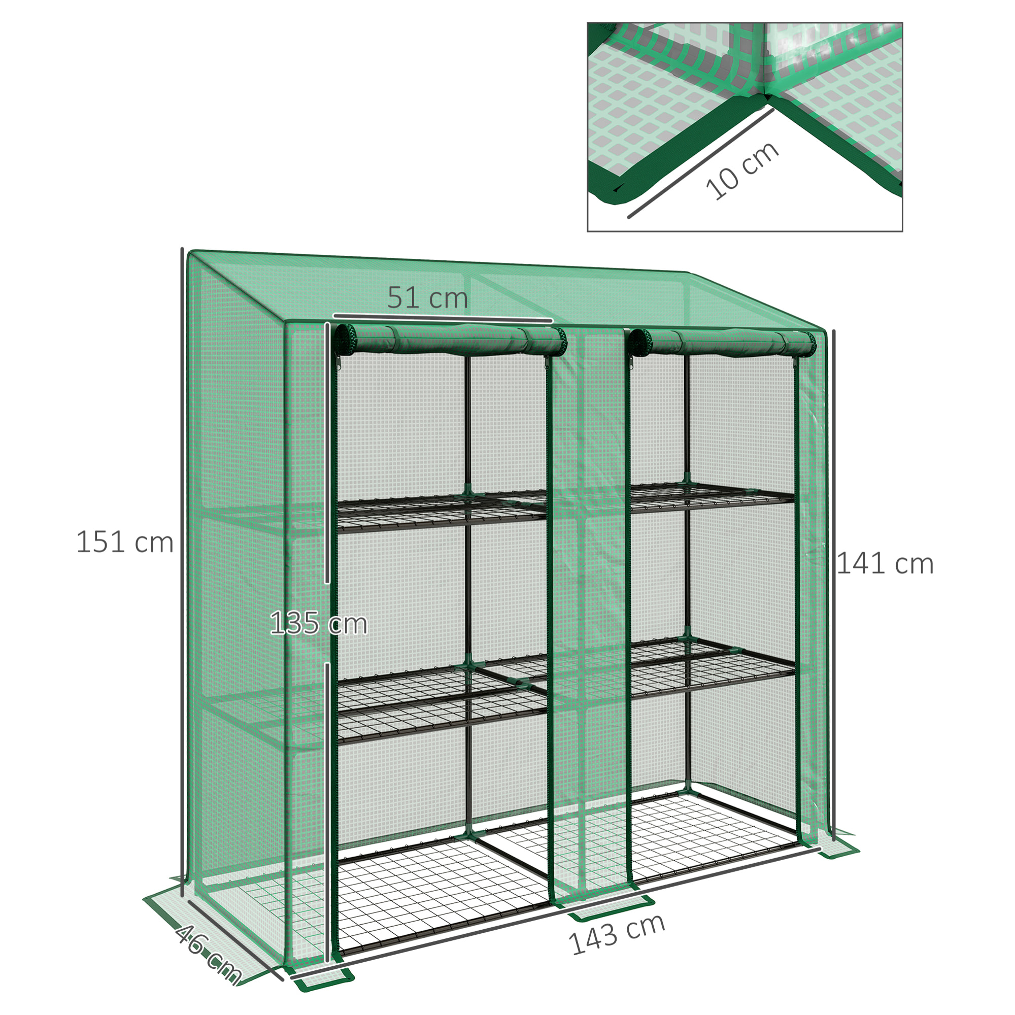 Invernadero de Jardín de 3 Niveles Invernadero de Terraza con Estantes Techo Inclinado y 2 Puertas con Cremallera para Cultivo de Plantas en Patio 143x46x141/151 cm Verde