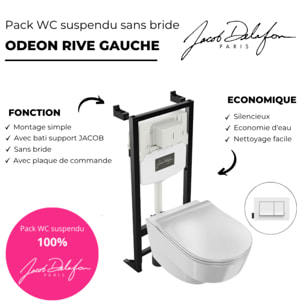 Pack WC suspendu sans bride Odéon Rive Gauche + bâti support + plaque avec abattant extra plat