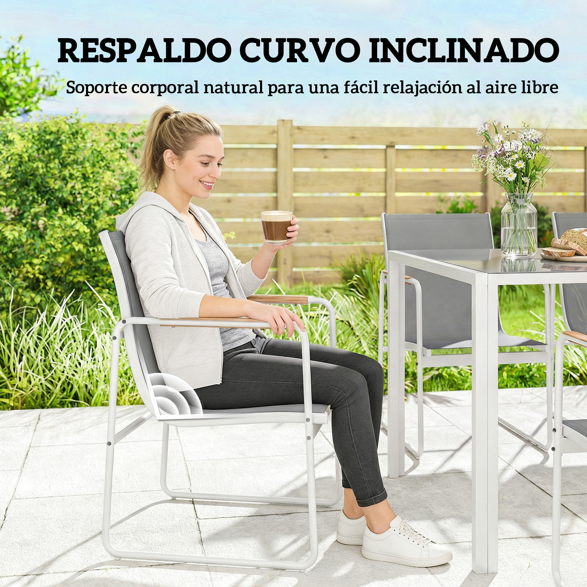 Conjunto de Mesa y Sillas Jardín de 7 Piezas, Muebles Jardín Exterior con Mesa de Vidrio Templado, 6 Sillas Transpirables Decorativas, Marco de Acero Resistente a la Intemperie, Blanco y Gris