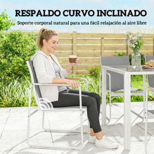 Conjunto de Mesa y Sillas Jardín de 7 Piezas, Muebles Jardín Exterior con Mesa de Vidrio Templado, 6 Sillas Transpirables Decorativas, Marco de Acero Resistente a la Intemperie, Blanco y Gris